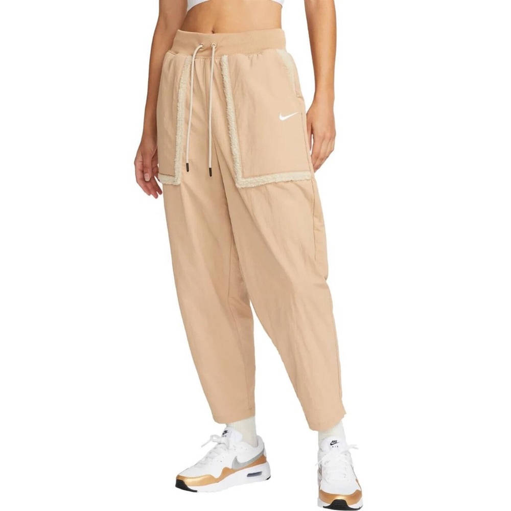 Nike Sherpa Trim Joggers Nylon Track Pants Tan Cream Size Small